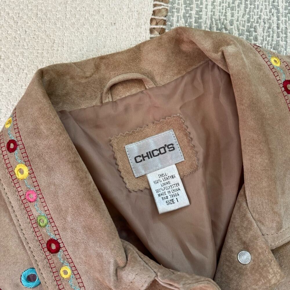 Chico’s Tan 100% Genuine Leather Embellished Embroidered Boho Jacket Women’s M - Picture 8 of 8
